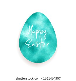 Blue Golden foil Happy Easter hand lettering greeting card.Vector modern gold egg. Art Deco classy design template. Hand drawn Holiday typography.