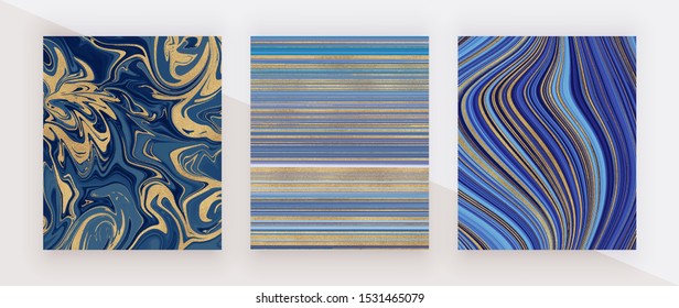 Blue and golden glitter ink painting liquid marble texture. Abstract pattern. Trendy backgrounds for wallpaper, flyer, poster, card, invitations. Modern art.
