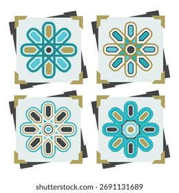 Conjunto de flores geométricas de estilo plano aislado azul y dorado con pegatinas cuadradas con iconos de etiquetas de esquina y sombras giradas negras sobre fondo blanco