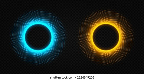 Blue and golden light circles with sparkles. Flash flies in a circles in a luminous rings. Abstract glittering swirl.