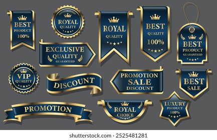 Blue golden luxury premium quality label badges on grey background vector illustration.