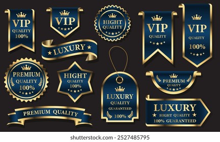 Azul dourado dourado emblemas de etiqueta de qualidade premium na ilustração de vetor de fundo cinza.