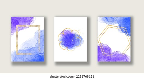 Blue and golden marble geode frame. Watercolor fluid painting vector design card for wedding invitation. Alcohol ink.  Editable