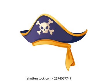 Blue and golden pirate hat with skull and bones vector illustration isolated on white background
