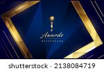 Blue Golden Polygonal Edge Frame Stage Spotlights. Royal Awards Graphics Background. Lights Elegant Shine Modern Template. Luxury Premium Corporate Template. Diamond shape Abstract trophy Certificate 