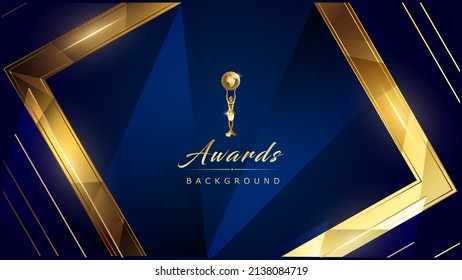 Blue Golden Polygonal Edge Frame Stage Spotlights. Royal Awards Graphics Background. Lights Elegant Shine Modern Template. Luxury Premium Corporate Template. Diamond Shape Abstract Trophy Certificate 