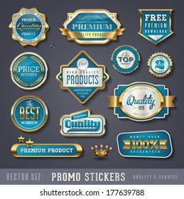 blue and golden promo stickers and quality seals