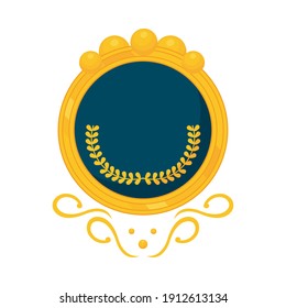 blue an golden round shield with decorative swirls over white background, colorful design, vector illustration