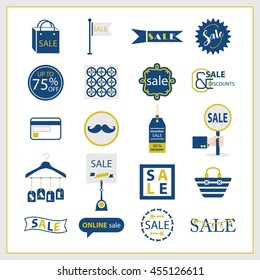 Blue and golden SALE and shopping icons set