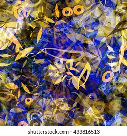 Blue and golden. Seamless vector floral background. Squares, stylized leaves and feathers, handmade patterns. Easy editing. For fabric, printing, wrapping paper, Boho design.