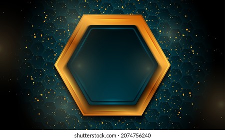 Blue and golden shiny sparkling background with small dots and hexagons. Modern luxury vector design