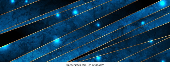 Blue and golden shiny tech background with glowing lights. Vector abstract banner design