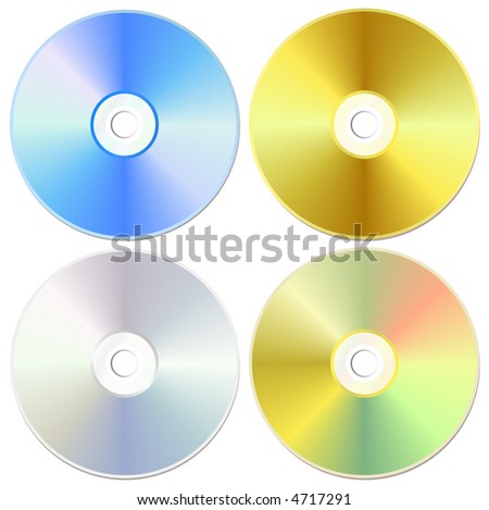 Blue, golden and silver cd or dvd set, isolated on white, vector illustration