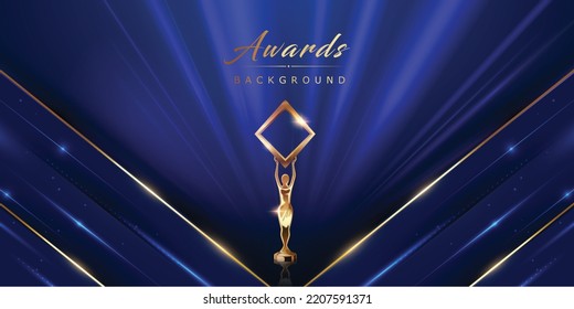 Blue Golden Stage Award Background. Trophy on  Luxury Background. Modern Abstract Design Template. LED Visual Motion Graphics. Wedding Marriage Invitation Poster. Side Corner Beautiful Lines Effect. 