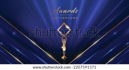 Blue Golden Stage Award Background. Trophy on  Luxury Background. Modern Abstract Design Template. LED Visual Motion Graphics. Wedding Marriage Invitation Poster. Side Corner Beautiful Lines Effect. 