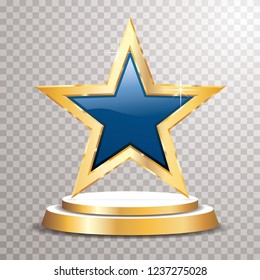 blue golden star on golden podium, vector template for cosmetics, show business, sports or something else