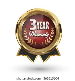 Blue golden three year warranty badge.
Vector illustration.