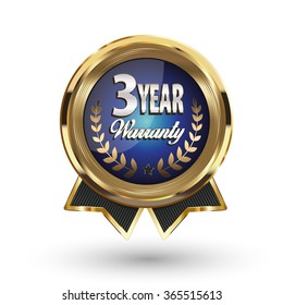 Blue golden three year warranty badge.
Vector illustration.