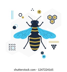 Blue and golden top view flying honey bee icon with signs and symbols on white background