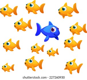 A blue goldfish going in a different direction that the common goldfish.