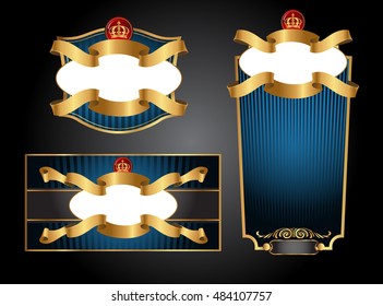 Blue gold-framed set ot label, envelope and certificate. Vector illustration. All elements separately. 