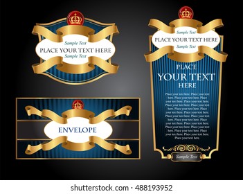 Blue gold-framed set ot label, envelope and certificate. Vector illustration. All elements separately. 