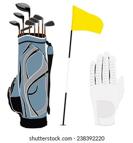 Blue golf clubs bag, sport equipment, white gloves, golf flag