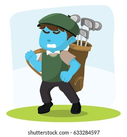 blue golf player carrying golf bag
