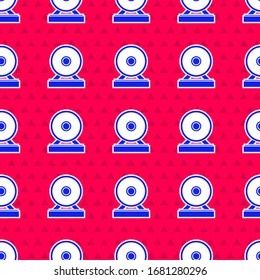 Blue Gong musical percussion instrument circular metal disc icon isolated seamless pattern on red background.  Vector Illustration