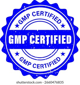 Blue Good Manufacturing Practice certified word round rubber seal stamp, isolated on transparent Background