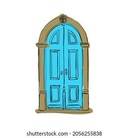 Blue gothic style door vector illustration. Blue doorway isolated on the white background. Cartoon funky style picture. Decorative wooden. Grey door frame. Beautiful architecture. Old style entrance.