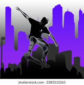 Blue gradation silhouette of a jumping skateboarder, digital painting, digital illustration