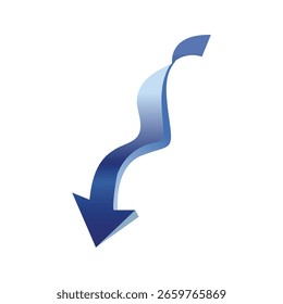 Una flecha azul degradada se curva hacia abajo, retorciéndose como una cinta, proyectando sombras suaves sobre un fondo blanco, creando una sensación elegante, moderna y dinámica.
