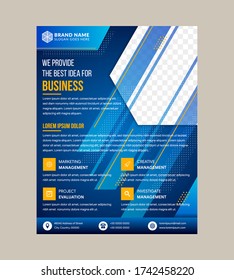 blue gradient background of business brochure, leaflet, flyer, cover template. transparency diagonal lines blue and yellow element designs. hexagon shape that space for photo. transparency dot pattern