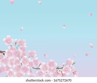 Blue gradient background with cherry branch drawn in vector