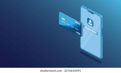 Blue gradient background with credit card and phone.