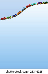 blue gradient background with a curved line out of little cars in the top