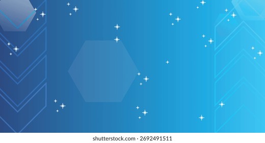 A blue gradient background with geometric shapes and sparkling stars creates a modern and abstract design.