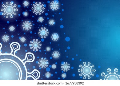 Blue gradient background with glowing coronavirus and linear pattern.	