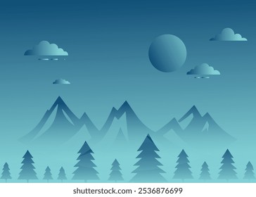 Blue gradient background with mountains and forest theme