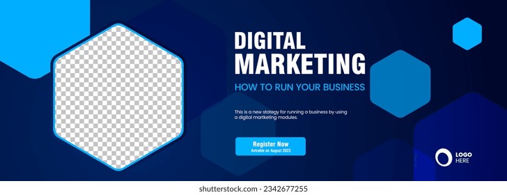 Blue gradient banner for Digital Marketing concepts, presentation banner template design. Abstract blue objects design vector, illustration