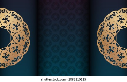 Blue gradient banner with mandala gold pattern for logo design