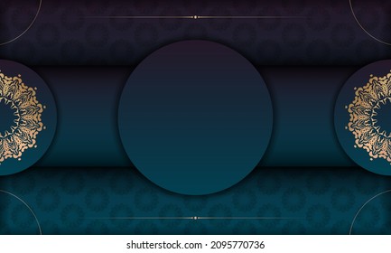 Blue gradient banner with mandala gold ornament for design under your logo or text