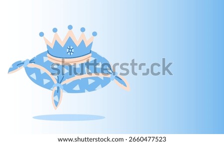 Blue gradient banner with a prince's crown on a pillow. Royal blue jewels symbolizing a gender reveal party. Flat color illustration. Pregnancy, gender reveal party. baby shower. It's a boy. Horizonta