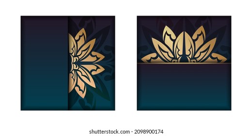 Blue gradient brochure template with vintage gold pattern for your brand.