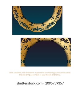 Blue gradient business card with mandala gold ornament for your contacts.