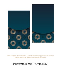 Blue gradient business card with vintage gold pattern for your brand.