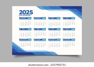 Blue gradient Calendar business template 2025.one page calendar in horizontal design for business design decoration