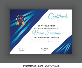 Blue gradient certificate of achievement design best diploma award with badge
