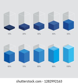 Blue gradient chart bars, liquid histogram glass template, 10% to 100%. Flat design interface illustration inforchart infographic elements for app ui ux web banner vector isolated on white background